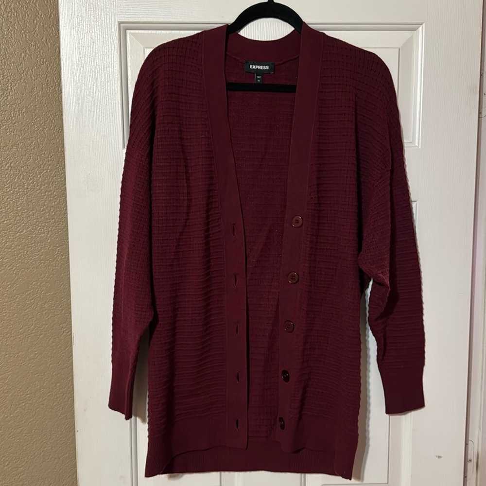 Express Women’s Burgundy Oversized Knit Button-up Long Cardigan Maroon XS